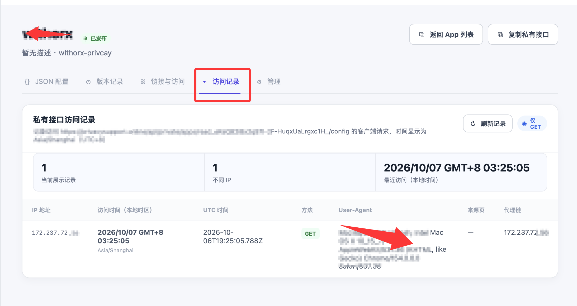 Private API access records showing IP addresses, timezone-aware timestamps, request methods, User-Agent, referrers, and proxy chains. Some details are obscured.